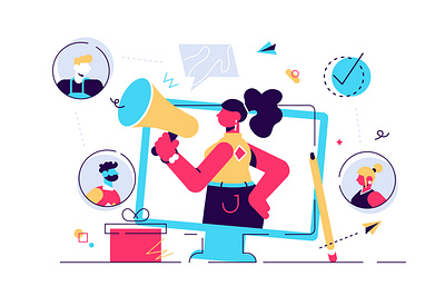 Marketing consumer audience communication service for influencer advertising audience avatar business business people character design flat illustration influencer loudspeaker marketing message offer office people referral service team vector