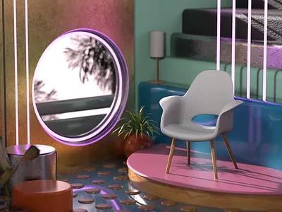 Cozy 3d 3dmodel cinema4d design digitalart furniture illustration interior modern neon red render retro style