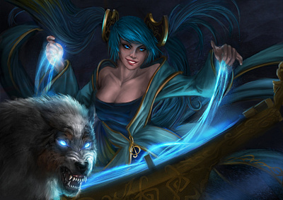 Sona league of legends and dog of client concept art digital illustration drawing fan art fantasy game game art illustration