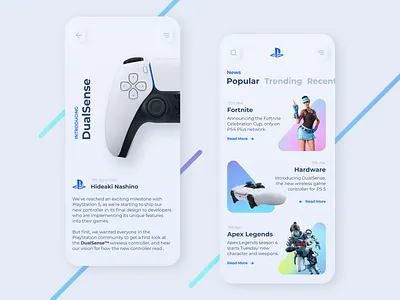 PlayStation News Portal apex legends app blog controller dualsense fortnite game gaming gradients iphone mobile news newsfeed playstation product ps5 skeumorphism skeuomorphic ui ux