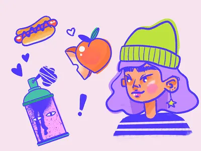 street art gal character cute design food girls graffiti hotdog illustration peach pink procreate skateboard streetart