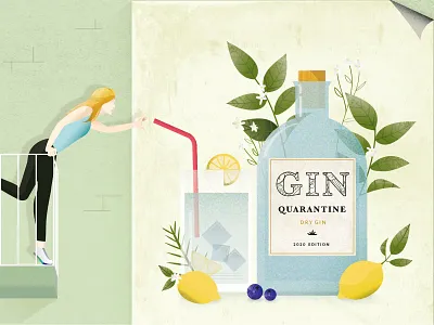 quarantine side effect balcony bottle catch cocktail design drink gin gin tonic glass illustration lemon quarantine thirst woman