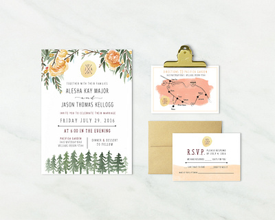 Wooded Watercolor Invitation illustration pinetrees rusticwedding watercolor watercolorflowers watercolorwedding webdesign wedding wedding invite weddinginvitation weddingsuite