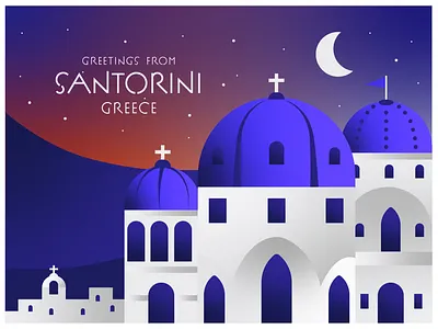 Santorini, Greece dome dream greece greek greek mythology greeting illustration island moon moonlight mythology postcard postcard design santorini simple stars travel vector village weeklywarmup