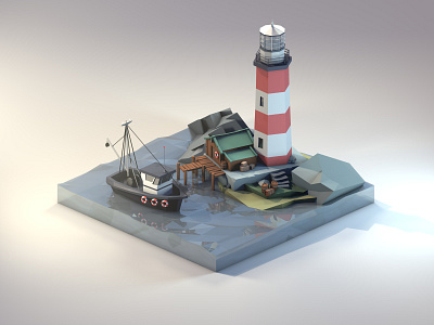 Low Poly Lighthouse 3d 3dillustration 3dmodeling cinema4d diorama harbor illustration island isometric isometric art lighthouse lowpoly lowpolyart renders sea ship
