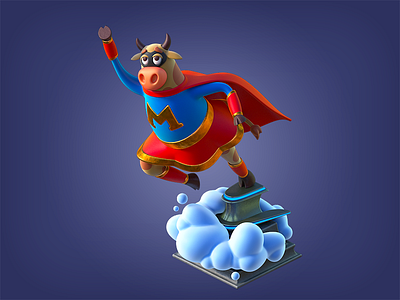 Supercow 3d 3d art c4d cinema4d clouds cow farm girl hoofs horns illustration mobilegame purple spaceship statue superhero