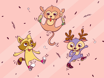 Wild Critters trio adidas adorable animal cute deer illustration monkey procreate racoon shoes
