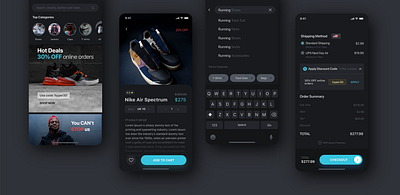 E commerce App Dark Mode black theme black theme app blackandwhite blackletter cart page dark theme app ecommerce ecommerce app ecommerce business ecommerce dark app ecommerce design ecommerce shop mobile app mobile app design mobile cart mobile checkout mobile design mobile ui nike shoes