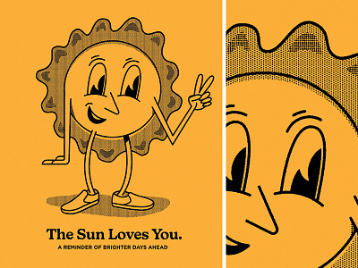 The Sun Loves You black character. covid drawing eyes halftone lettering love reminder texture textures tone tshirt yellow