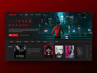 Netflix redesign concept black challenge dark ui design grey landing page netflix netflix redesign red redesign sci fi series streaming app streaming website style ui ui design web design website