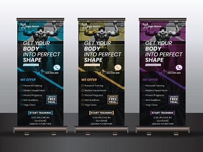 Fitness Gym Roll-up Banner Design advertisement advertizing banner behance bodybuilder branding clean concept concept design design fitness free download free mokup gym flyer identity print design roll up banner shape training workout