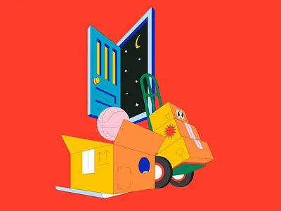 Moving.... 2d amazon ball basketball boxes cartoon character composition design door illustration illustrator moon move movers night procreate smiley stars vector