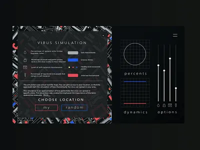 Web design for COVID-19 simulation blue color covid covid 19 dark map medecine minimalist modern play playfull red retro science simulation web webdesign website