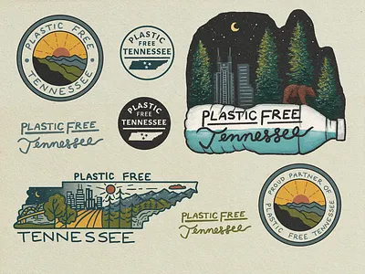 Plastic Free Tennessee Logo and Brand Identity badge design brand design brand icons brand identity branding circle logo eco friendly flashsheet illustration landscape line art logo logotype merch design nashville nature outdoors plastic free sticker tennessee