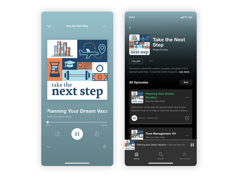 Take the Next Step Podcast–Dark Mode books coffee daily ui 009 dailyui dailyui 009 dark mode dark ui education freelance illustration library money podcast podcast app podcast art podcast cover podcast cover art time management travel workout