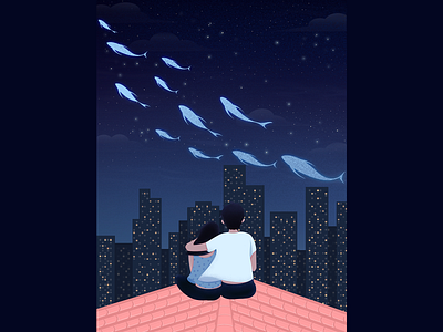 Starry sky city couple design flat illustration lovers night procreate roof stars vector