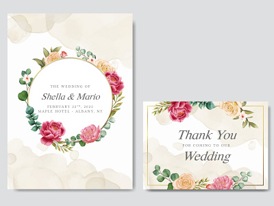 Wedding invitation card with colourful floral and golden frame background beauty bouquet card celebrate engagement floral flower frame illustration invitation leaf love mariage peony rose template watercolor wedding wreath