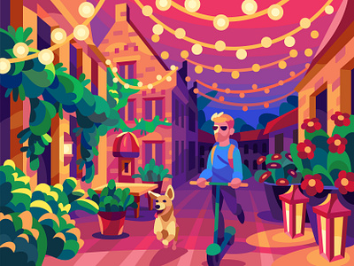 Nice evening cartoon character design digital dog drawing evening illustration landscape town vector