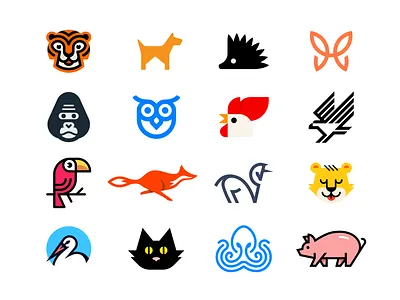 Animal logos animal logo animals brand branding butterfly cat dog eagle fox gorilla hedgehog lion logo mark owl parrot rooster stork tiger unicorn