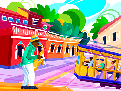 Rio de Janeiro Jazz brazil bright city colorful flat illustration latin america procreate rio de janeiro saxophonist street tram travel