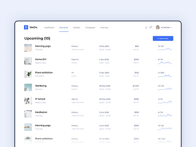 WeDo event marketplace - upcoming events page admin panel clean dashboard design ecommerce events experiences host interface lifestyle list management marketplace marketplace app minimal product table ui web app white