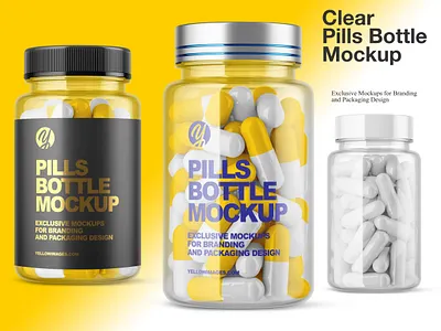 Clear Pills Bottle Mockup capsules capsules mockup design app mockup mockup download pills pills mockup smart object yellow images