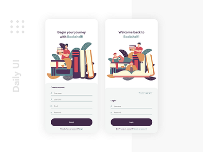 Bookshelf App - Signup app appdesign clean dailyui dailyuichallenge design login login form mobile ui signup signupform sketchapp ui ux welcome screen