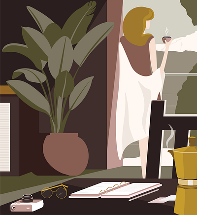 Daydreaming coffee coffee cup daydream daydreaming digital editorial editorial illustration illustration landscape morning mornings relax woman woman illustration