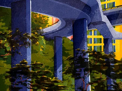 Escaping the City bridge bruses buildings city cityscape drawing graphic hongkong illustration overpass photoshop retro roads texture trees vector