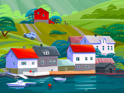 Village by the Fjord Illustration creative illustration design design studio digital art digital illustration digital painting fjord graphic design houses illustration illustration art illustrations illustrator landscape nature norway rural spring travel village