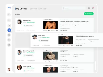 My Clients Screen - Light Grey Version clean ui client management creative daily ui dashboard design dashboard ui fitness app listing page listings minimal modern design motion design product design side menu tabs ui user experience design user interface design ux visual design