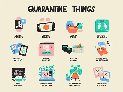 Quarantine Things apple watch baking cute hobbies home illustration matcha nintendo switch plants procreate reading stickers vector