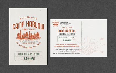 Camp Harlow Retro Postcard badges camp design camping marketing neutral nonprofit nonprofit design oldschool oregon postcard print print design retro rust vintage vintage summer camp