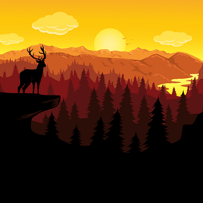 outdoors clouds deer forest illustration illustration art illustrator mountains outdoor river scene sunrise sunset vector