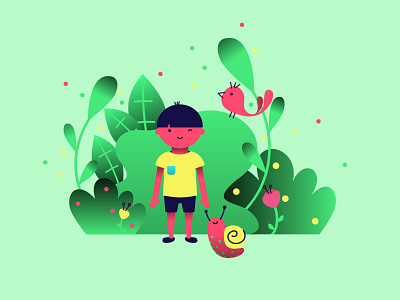 virtual garden bird boy cute fun garden green illustration nature snail spring