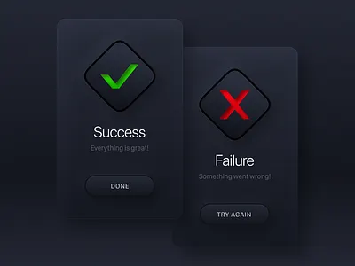 Daily UI #011 / Flash Message alert button buttons card dailui dailyui 011 dark darkmode effects failure icon modal neomorphism popup skeuomorphism square success surface ui window