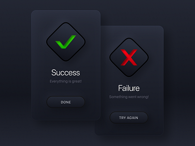 Daily UI #011 / Flash Message alert button buttons card dailui dailyui 011 dark darkmode effects failure icon modal neomorphism popup skeuomorphism square success surface ui window