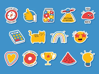 Hand-Drawn Sticker Set cat compass donut icon set icons idea lightbulb likes rainbow sticker ufo watermelon