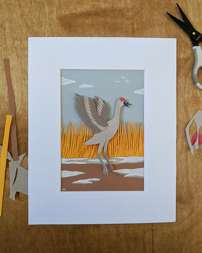 Dancing cut paper Sandhill crane art cut paper handmade illustration nature paper papercraft