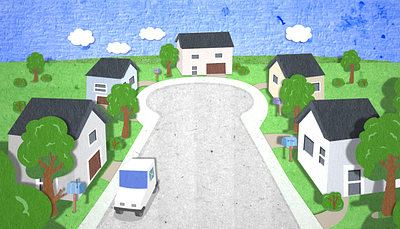 Paper Cut Neighborhood houses illlustration mailman neighborhood paper art paper cut street town trees