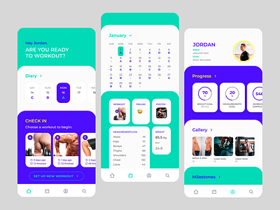 Gym Coach App - 2nd version 1/2 app design calendar diary fitness fitness app flat design green and blue gym app gym coach habit tracker healthy lifestyle app mobile app design mobile ui sports app tracking app ui design ui kit web design workout