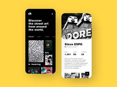 Freebie | Street art app concept app art black black and white bold brutalism concept creative design detail dribbble home photo shot street streetart ui urban white yellow