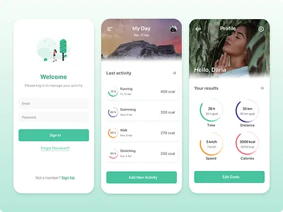 Activity app activity design green mobile app running sign up statistics ui
