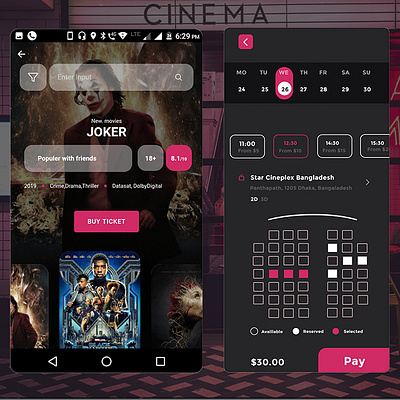 Movies Ticket Booking app design application dailyui design designer designs graphic graphicdesign graphics hollywood inspiration instagram joker landing page mobile movie movie app ticket ticket booking ui