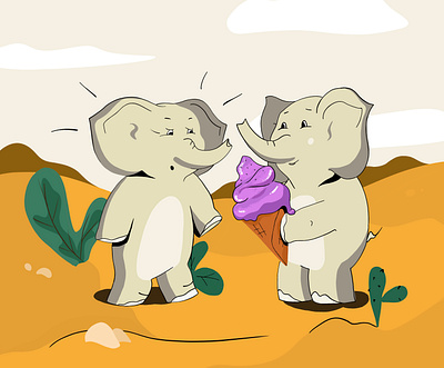 Two funny elephants are going to eat ice cream in the hot summer character characterdesign children childrens illustration concept desert design elephant emotion flat funny ice cream icecream illustraion summer vector