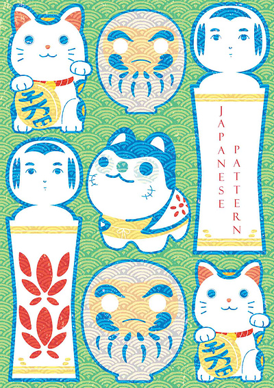 Japanese icons vector. Daruma doll, Kokeshi doll, Beckoning cat abstract asian background banner cat charmng chinese culture daruma dog doll illustration japanese kokeshi lucky modern pattern traditional vector wave