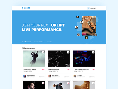 Uplift - Live Performance - UI/UX artist landing page live chat live music minimal modern performance simple social ui ui ux ux video call web design