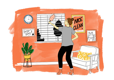 Stay Home and dust your blinds cats cleaning colour coronavirus design hand drawn hand lettering home house illustration interior interior illustration people plants procreate quarantine stay home