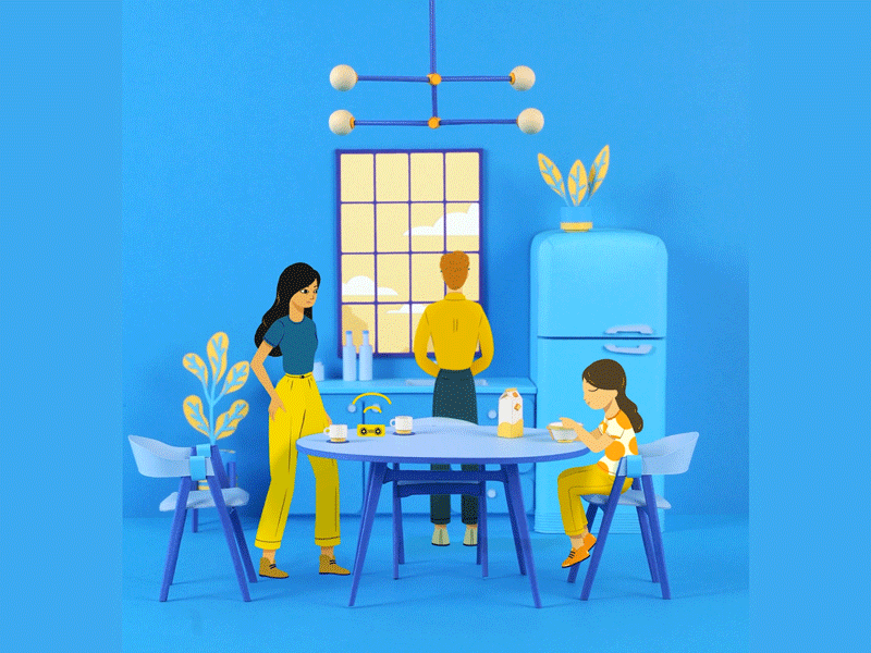 Kitchen - The Squiz Kids animation 2d art direction breakfast chair coffee cup family framebyframe fridge illustration kids kitchen lamp midcentury milk miniature motion design papercraft plants podcast table