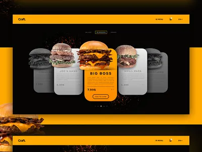 Burger Cafe Website Design burger cafe craft dark theme design figma figmadesign food food app interface landing modern shopping cart ux ux ui uxui web webdesign website yellow